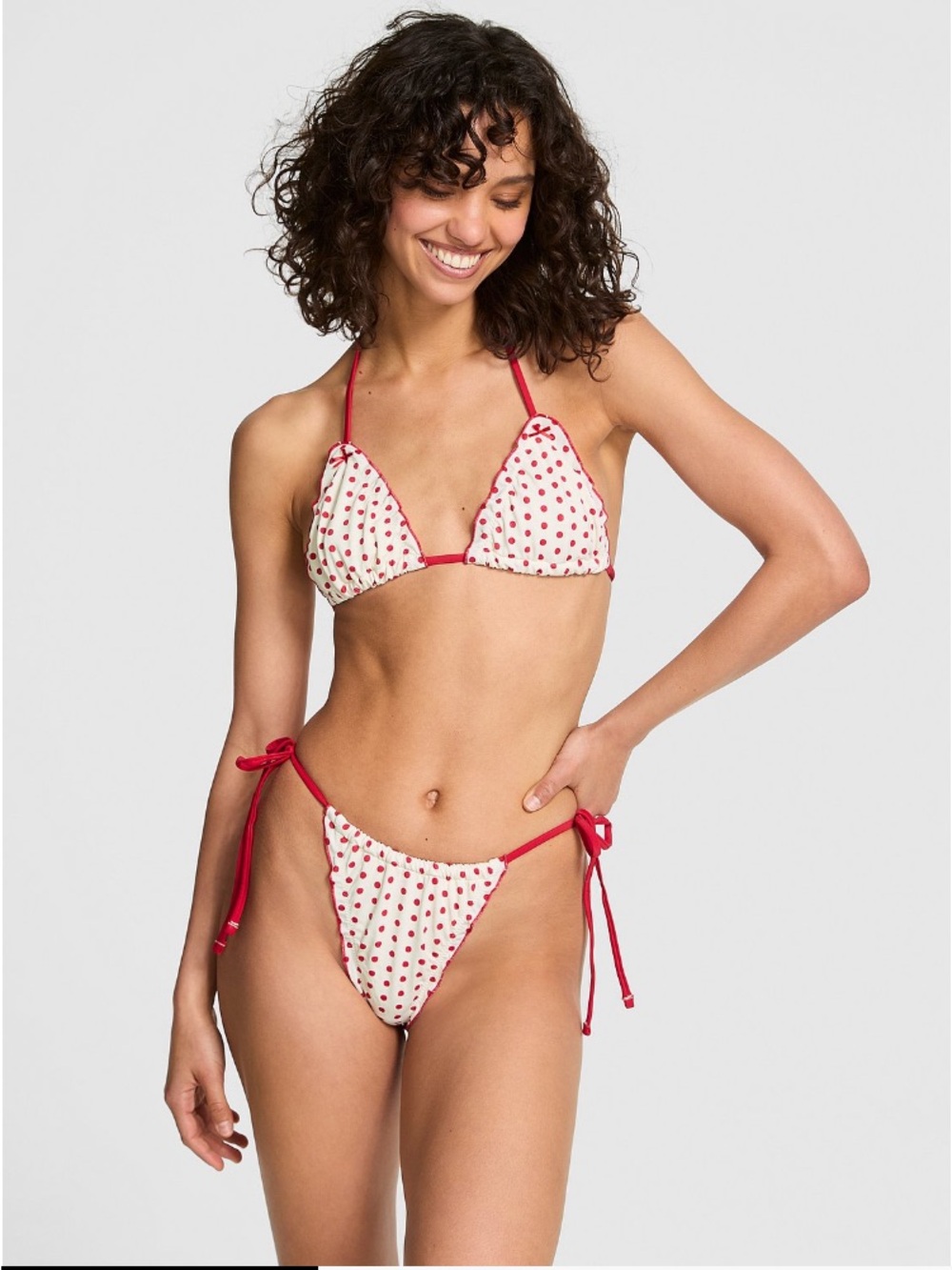 ❤️Frankie’s Bikinis x VS Pink ruffle trim triangle top thong bottom bikini L NWT